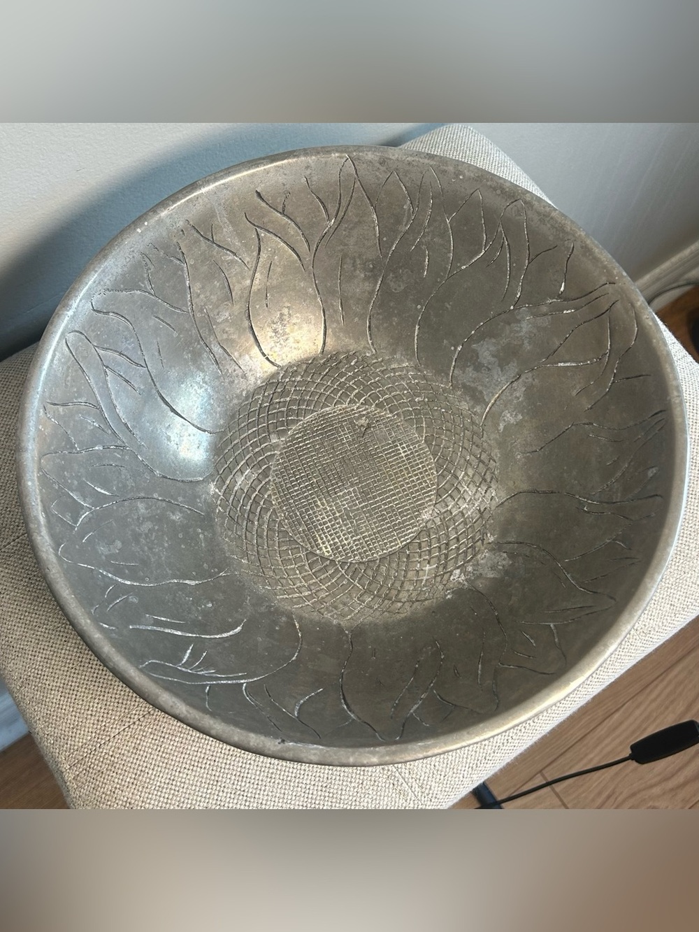 Vintage Mid-Century Hand-Wrought Aluminum Decorative Art Bowl Sunflower Etched